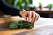 hand delicately holding a green kale chip over a table