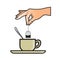 Hand dipping tea bag in tea cup drawing