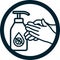 Hand disinfectant sign with bottle and hands