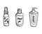 Hand disinfection kit: disinfectant, cleaner, antibacterial soap. Hand drawn vector illustration