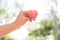 Hand of diverse Asian woman holding pink heart in bright afternoon sun outdoors with green tree nature bokeh and copy