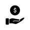 Hand with Dollar Coin Silhouette icon. Charity and Donation Concept. Financial Help for Needy. Sponsorship Supporter