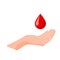 Hand donate blood. World blood donor day concept. Red drop symbol of volunteer blood donation. Vector