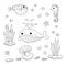 Hand draw doodle set of sea life, ocean animal character and aquatic plants