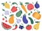 Hand draw fruits and vegetables. Doodle organic vegan vegetables, tomato, eggplant and tasty fruits and berries. Natural