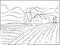 Hand draw illustration of countryside natural scenic. Agricultural farmhouse and field