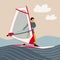 Hand draw illustration man on windsurf, abstract sea and sky background, water sports, riding on waves, summer holidays