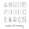 Hand draw money icons. Collection of linear signs of dollars and cents.