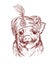 Hand draw a portrait of a ittle pig in fakir turban with feather. Vector sketch illustration. Symbol of a Chinese New Year 2019