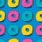 Hand draw seamless pattern. Color donuts, pink, blue, yellow. Vector illustration