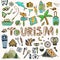 Hand draw Travel icons set. Summer holiday - camping and sea vacation. Journey doodle sketch elements in vector