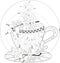 Hand draw vector coloring book for adult. Teatime. Cups of tea, fruits and flowers