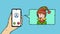 Hand draw vector doodle of hand, holding mobile phone with Elf girl from christmas customer service on call. Colorful illustration