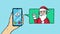 Hand draw vector doodle of hand, holding mobile phone with Santa Claus call. Colorful illustration in sketch style.