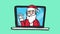 Hand draw vector doodle of Santa Claus with headphones on laptop screen. Colorful illustration in sketch style.