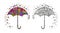 Hand-drawing of beautiful umbrellas with ornament. Coloring set vector isolated on white.