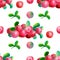 Hand-drawing botanical seamless pattern with cowberry with leaves. Watercolor illustration. Use for textile print, wrapping paper