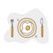 Hand drawing breakfast serving. Plate with eggs, knife and fork are painted in monochrome colors with decor. Vector illustration