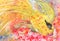 Hand drawing bright multicolored abstraction fish. Juicy combination of oil paints, red and yellow strokes, spots
