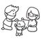 Hand drawing cartoon happy family. abstract character mother father wear masks take care of little boy during virus outbreak