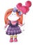 Hand drawing character child doll girl in purple dress and red hair with red ball