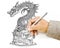 Hand drawing chinese style dragon statue line sket