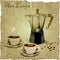 Hand drawing of coffee maker and two cups of coffee on the canvas. illustration