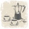 Hand drawing of coffee maker and two cups of coffee with grunge frame. illustration