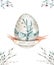 Hand drawing easter watercolor eggs with leaves, branches and fe