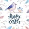 Hand drawing easter watercolor flying cartoon bird with leaves,