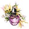 Hand drawing fashion illustration style image freshness perfume bottle flower bouquet rose lily ylang plants pink green lilac