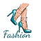 Hand drawing of female blue shoes, fashion illustration of female legs