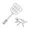 Hand drawing fly swatter and mosquito isolated on white background. Outline insect pest trap silhouettes. Vector