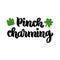 The hand-drawing funny inscription: Pinch charming, with crown and shamrock, for St. Patrick`s Day.