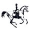 Hand drawing horse rider like engraving. Horseman silhouette with dressage galloping horse on white.