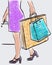 Hand drawing of legs and hands fashionable city woman walking with shopping bags outdoors on summer day
