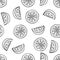 Hand drawing lemon slices in doodle style on white background. Lemon seamless pattern doodle drawing. Ripe garden fruits