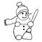 Hand drawing line snowman, cartoon style. Black outline of snowman. Coloring book for children. Vector illustration on white