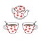Hand drawing outline vector illustration of a pair of cups of hot tea or coffee with teaspoons and a red scribble heart pattern