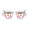 Hand drawing outline vector illustration of a pair of cups of hot tea or coffee with a teaspoons and a red scribble heart pattern