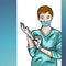 Hand drawing picture of nurse standing pose with mask and cut hair blonde