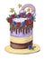 Hand drawing sketch with markers cartoon style childrens birthday cake with red berries and chocolate rainbow topper on white