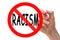 Hand drawing stop sign around the word racism.