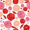 Hand drawing vibrant colored red roses, hearts repeated romantic pattern
