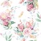Hand drawing watercolor floral pattern with protea rose, leaves, branches and flowers. Bohemian seamless gold pink