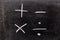 Hand drawing of white chalk in mathematics symbol shape Plus, minus, multiply, divide on black board background