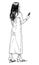 Hand drawing of young city woman in long dress standing and looking at phone