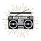 Hand drawn 90s themed badge with boombox player vector illustration