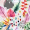 Hand drawn abstract tropic summer background: watercolor colorful leaves, flowers, watercolour brushstrokes, grunge, scribble
