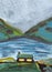 Hand drawn acrylic, oil and gouache painting. Gray cloudy sky. Blue lake. Hills and mountains. Brown wooden cottage with green